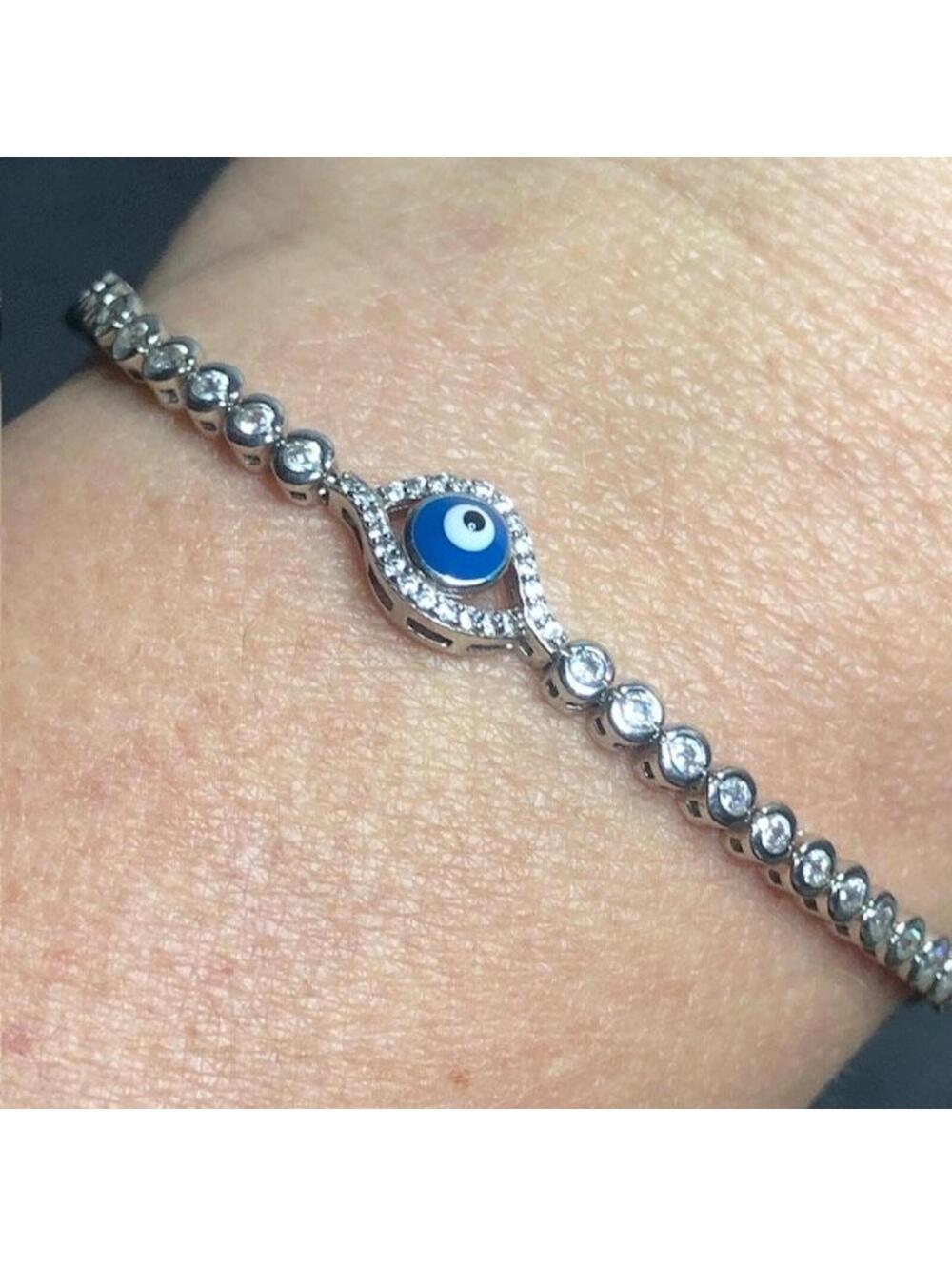 9002 Sterling Silver Evil Eye Bracelet Adjustable Blue White CZ  6grams
